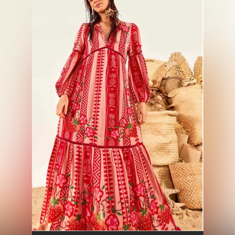 Farm Rio Red And Pink Pineapple Jacquard Dress Size M